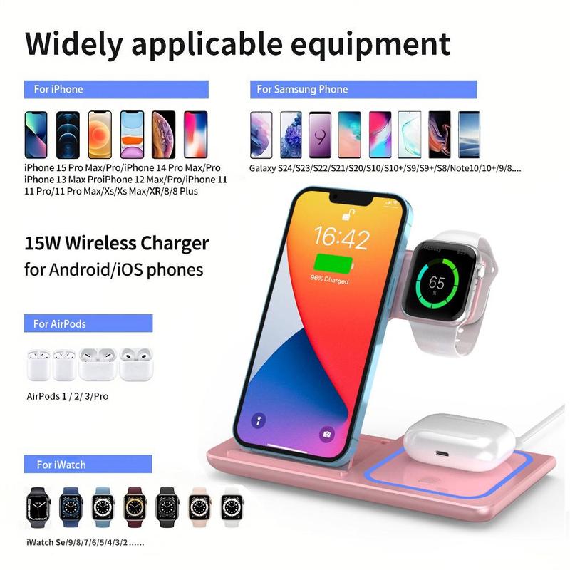 3-In-1 Wireless Charger, 15W Fast Wireless Charger, Foldable & Portable Design Wireless Charging Station for Iphone & Samsung Phone & Iwatch & Airpods Series