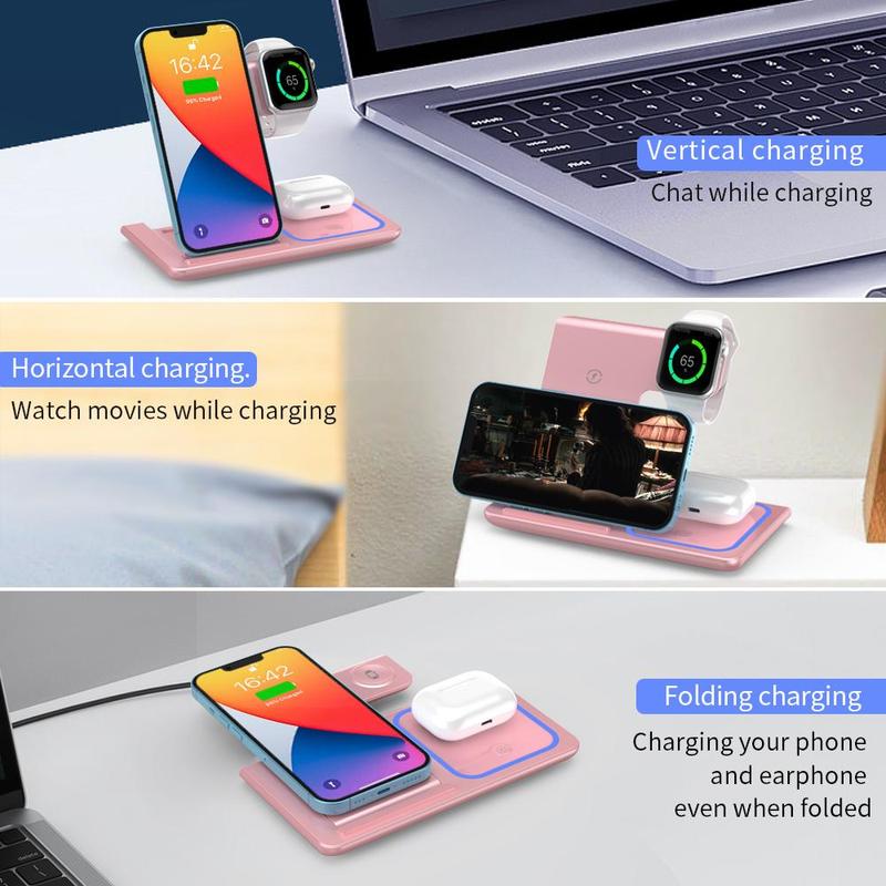 3-In-1 Wireless Charger, 15W Fast Wireless Charger, Foldable & Portable Design Wireless Charging Station for Iphone & Samsung Phone & Iwatch & Airpods Series