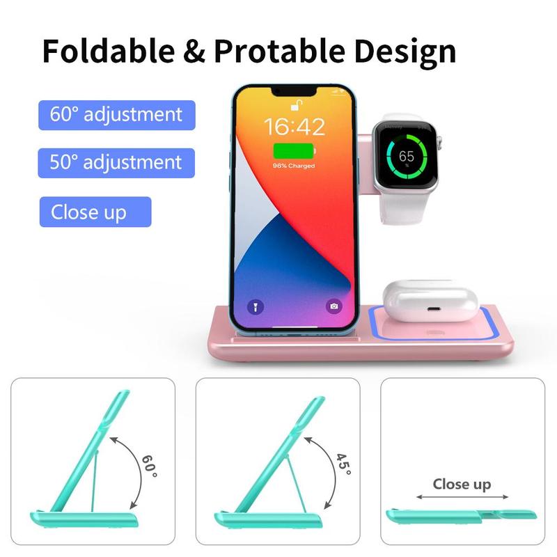 3-In-1 Wireless Charger, 15W Fast Wireless Charger, Foldable & Portable Design Wireless Charging Station for Iphone & Samsung Phone & Iwatch & Airpods Series