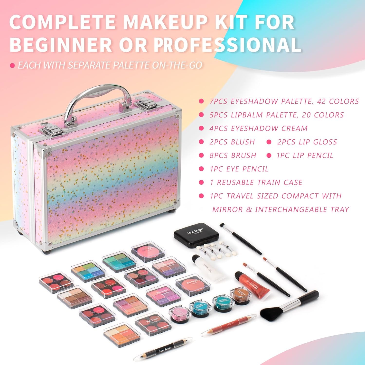 Makeup Kit for Teenager Girls - Full Starter Cosmetics Set with Eye Shadow Lip Balm Blush Lip Gloss Brush Lip Pencil Eye Pencil and Mirror (Rainbow)